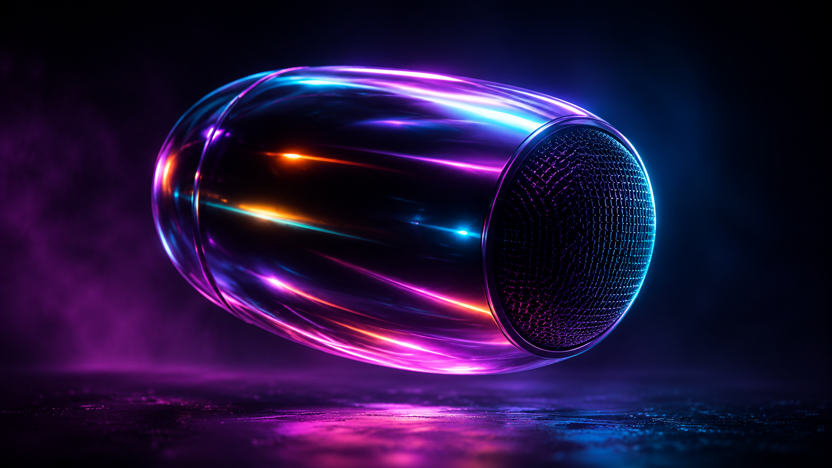 AUVIO, iridescent capsule mic on aurora-gradient stage