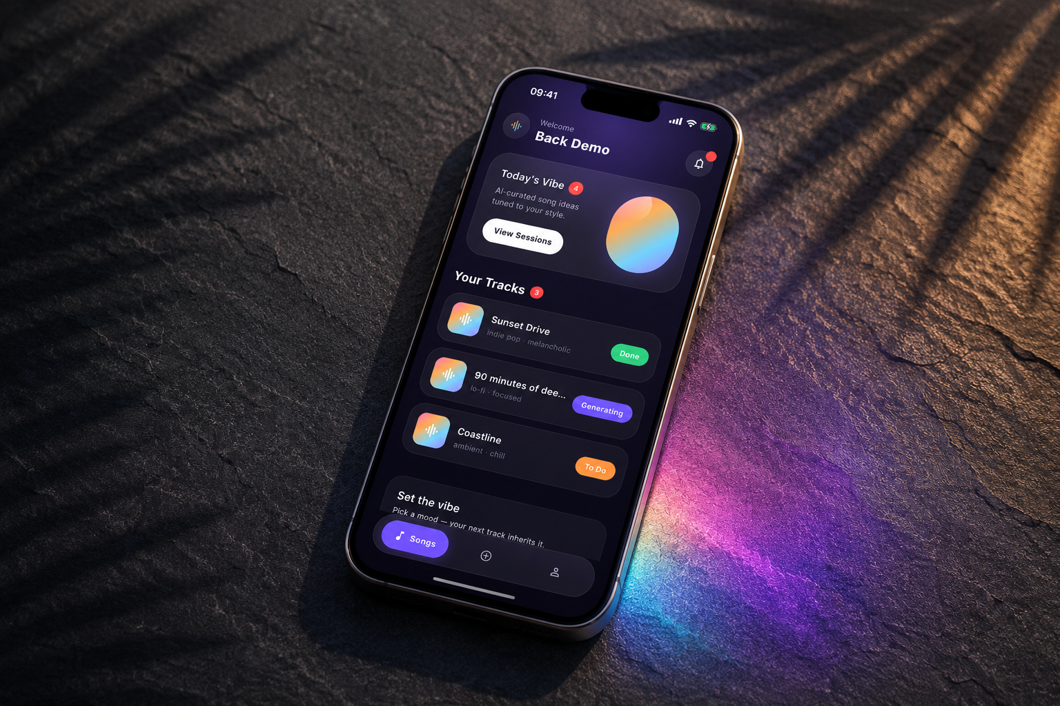 AUVIO phone on dark stone with iridescent rim light and blurred palm-frond shadows