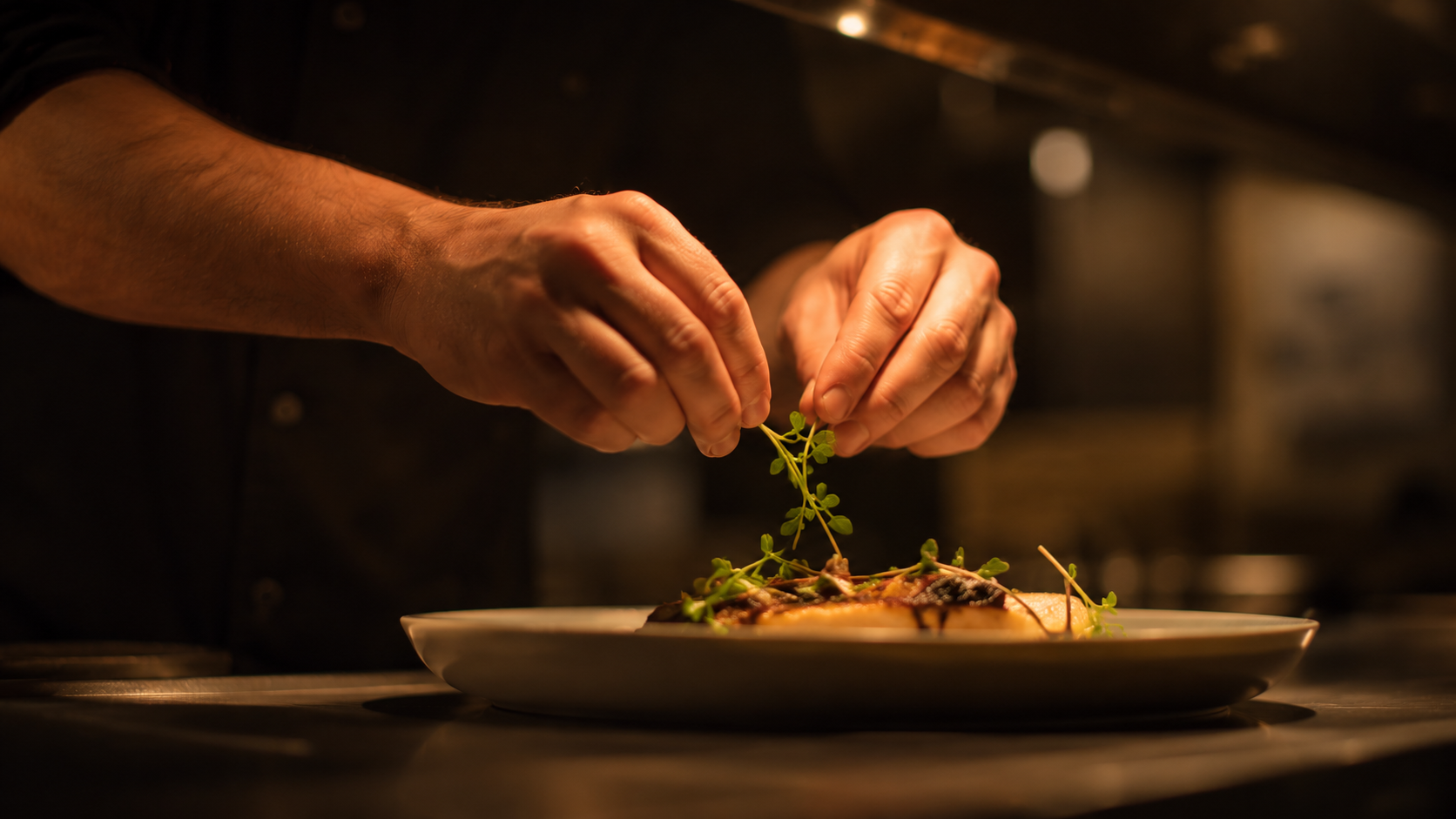 Chef hands placing fresh herb garnish on a plated dish