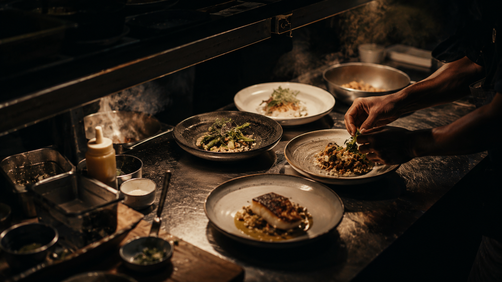 Berlin restaurant kitchen pass at service, chef hands plating dishes under warm tungsten light
