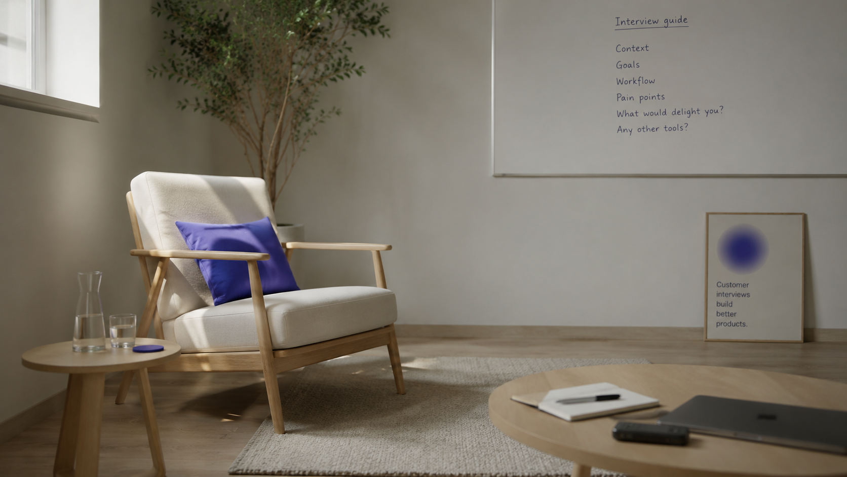 Quiet interview room with Scandinavian chair, indigo cushion and whiteboard