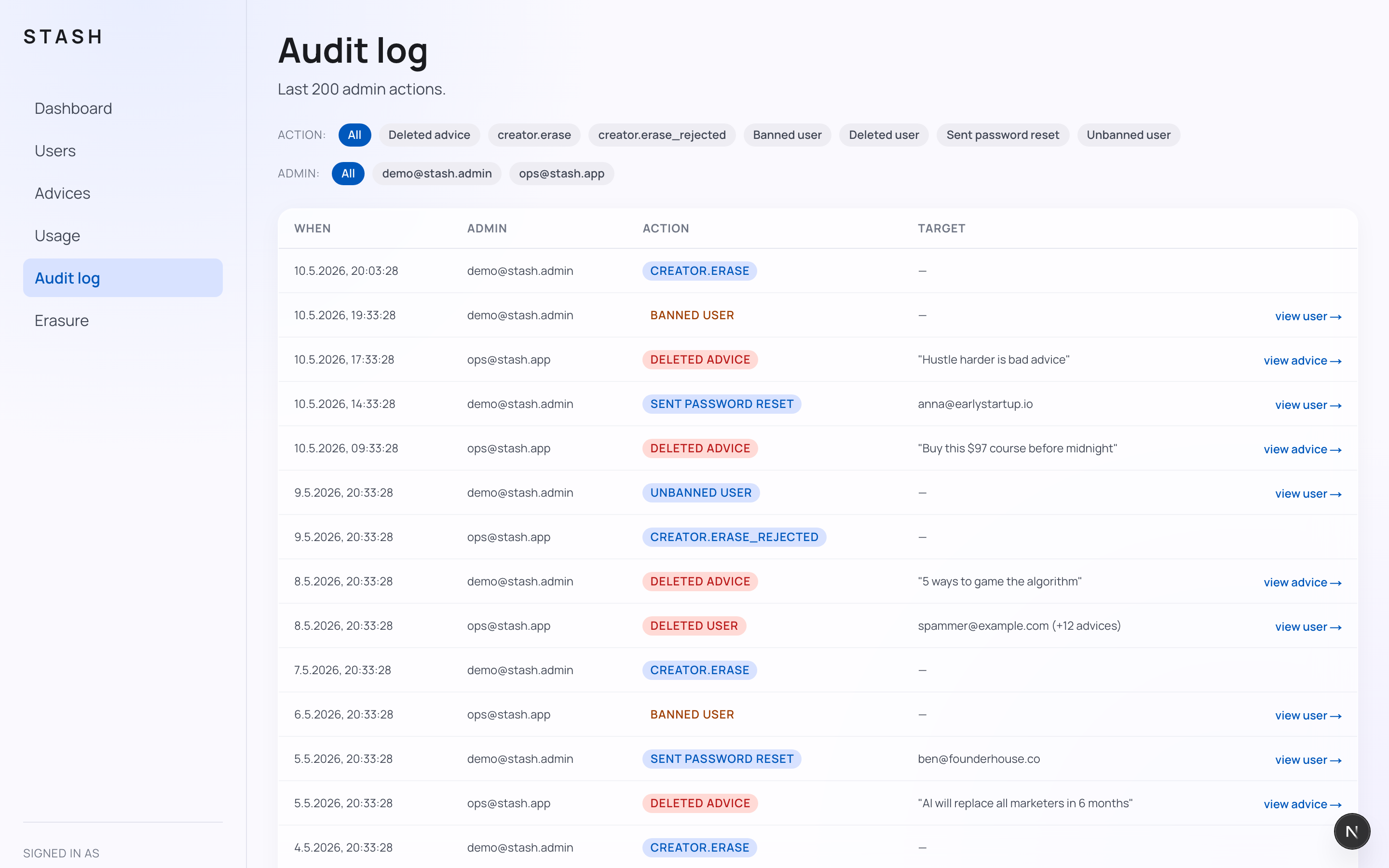 Stash audit log, timeline of every privileged action with model, prompt sample and cost