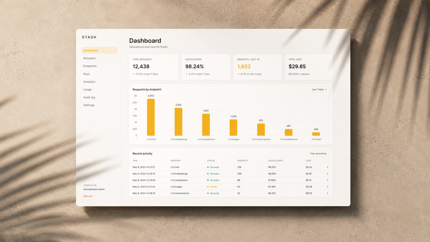 Stash operator dashboard floating on warm taupe plaster wall